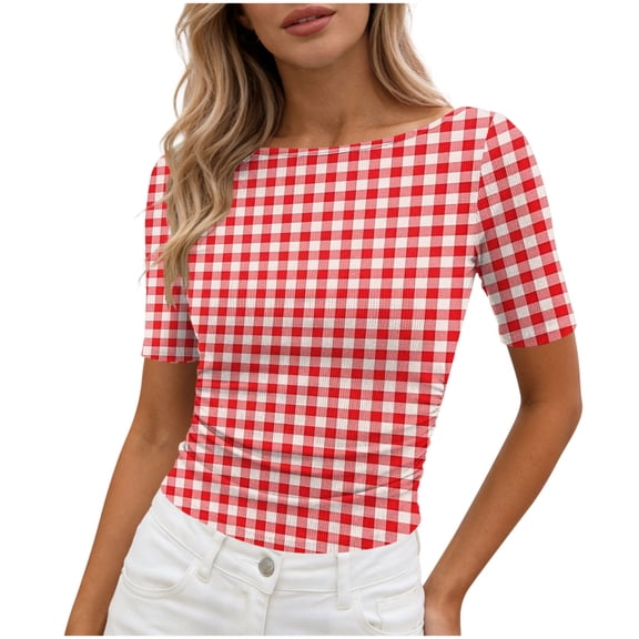 Htigea Plaid T-Shirts for Women Slim Short Sleeve Boat Neck Tops Cute Tees Y2K Trendy Side Ruched Summer Shirt Red S