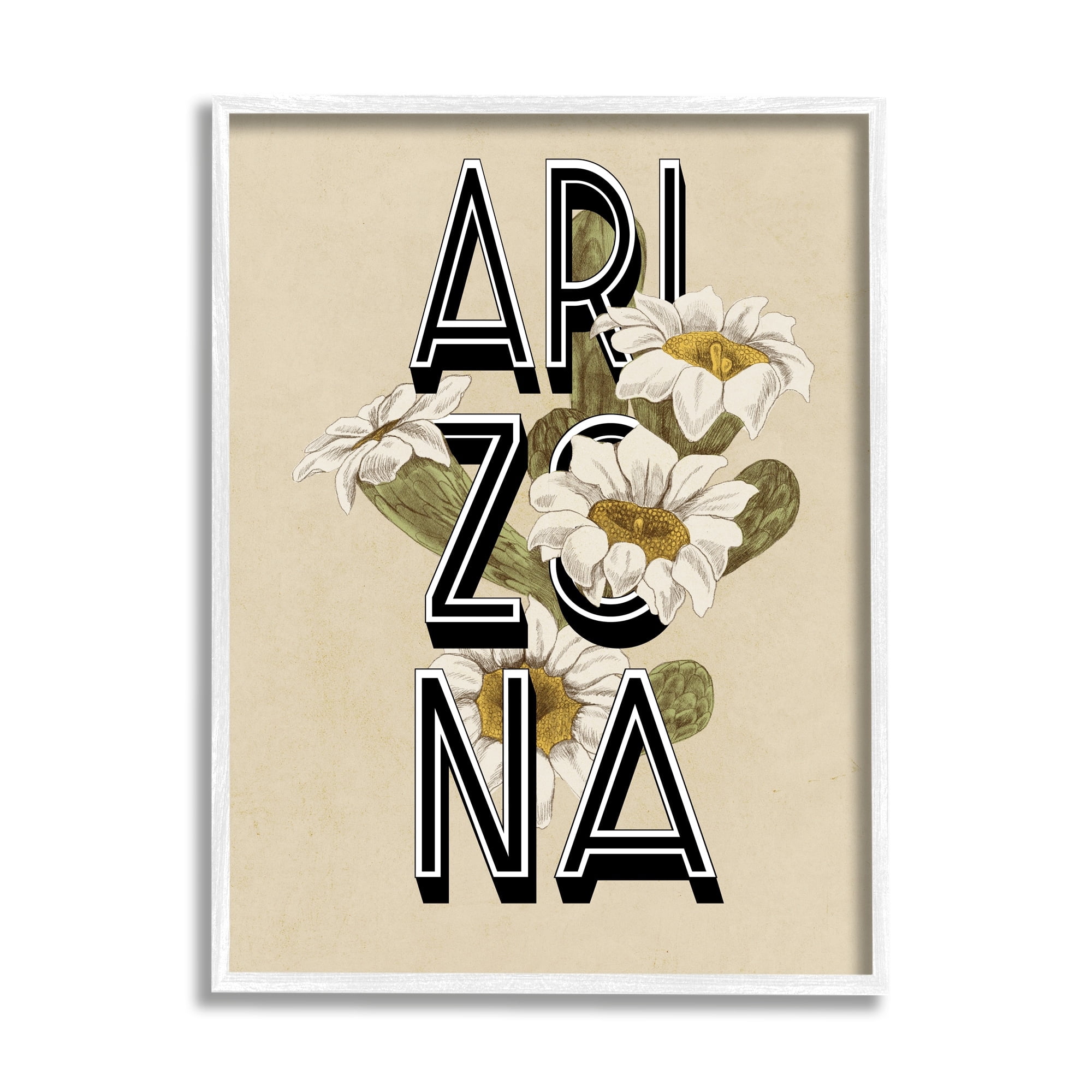 Stupell Industries Arizona State Flower Saguaro Blossom Typography Design Graphic Art White Framed Art Print Wall Art, Design by Daphne Polselli