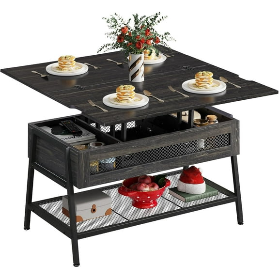 SSyao Coffee Table, 41.3" Lift Top Coffee Table with 4 Wheels, Hidden Compartment, Storage Shelf and Lift Tabletop for Living Room, Reception Room