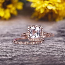 6mm Princess Cut 2.50 Carat Morganite Engagement Ring Set On 10k Rose Gold Diamond Moissanite Matching Band Promise Ring Milgrain Anniversary Gift Bridal Ring