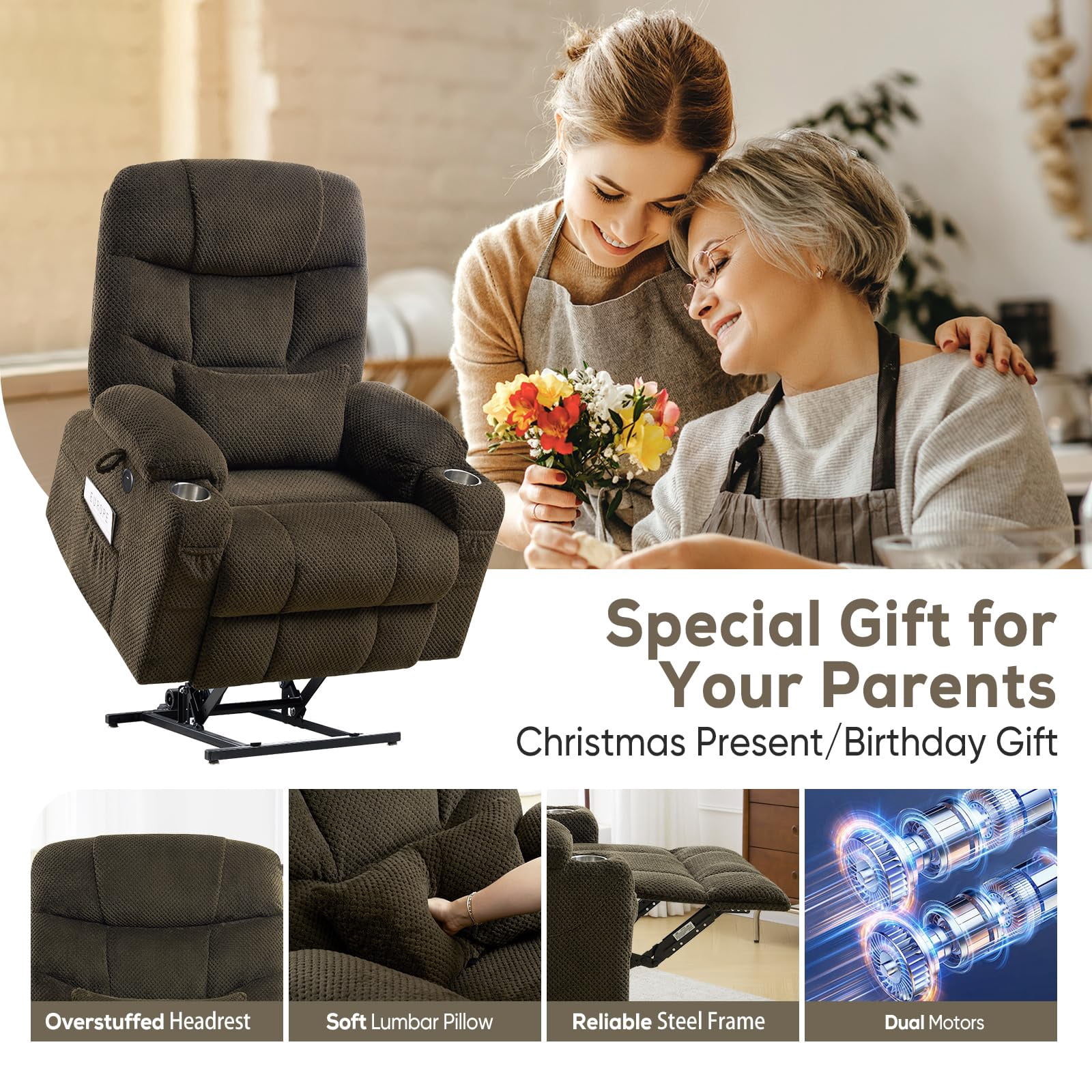 JULY'S SONG Dual Motor Lay Flat Power Lift Recliner Chair with Heat and Massage, USB & Type-C Ports, Large Recliners for Living Room, Oversized Recliner for Adults & Elderly - Dark Brown