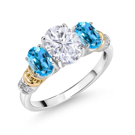 Gem Stone King 925 Sterling Silver and 10K Yellow Gold Oval White Moissanite Swiss Blue Topaz and White Diamond 3 Stone Ring for Women (2.63 Cttw Gemstone Birthstone Size 7)