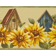 Dundee Deco Peel and Stick Self Adhesive Wallpaper Border - Floral Green, Brown, Blue Birdhouses, 15 ft x 7 in