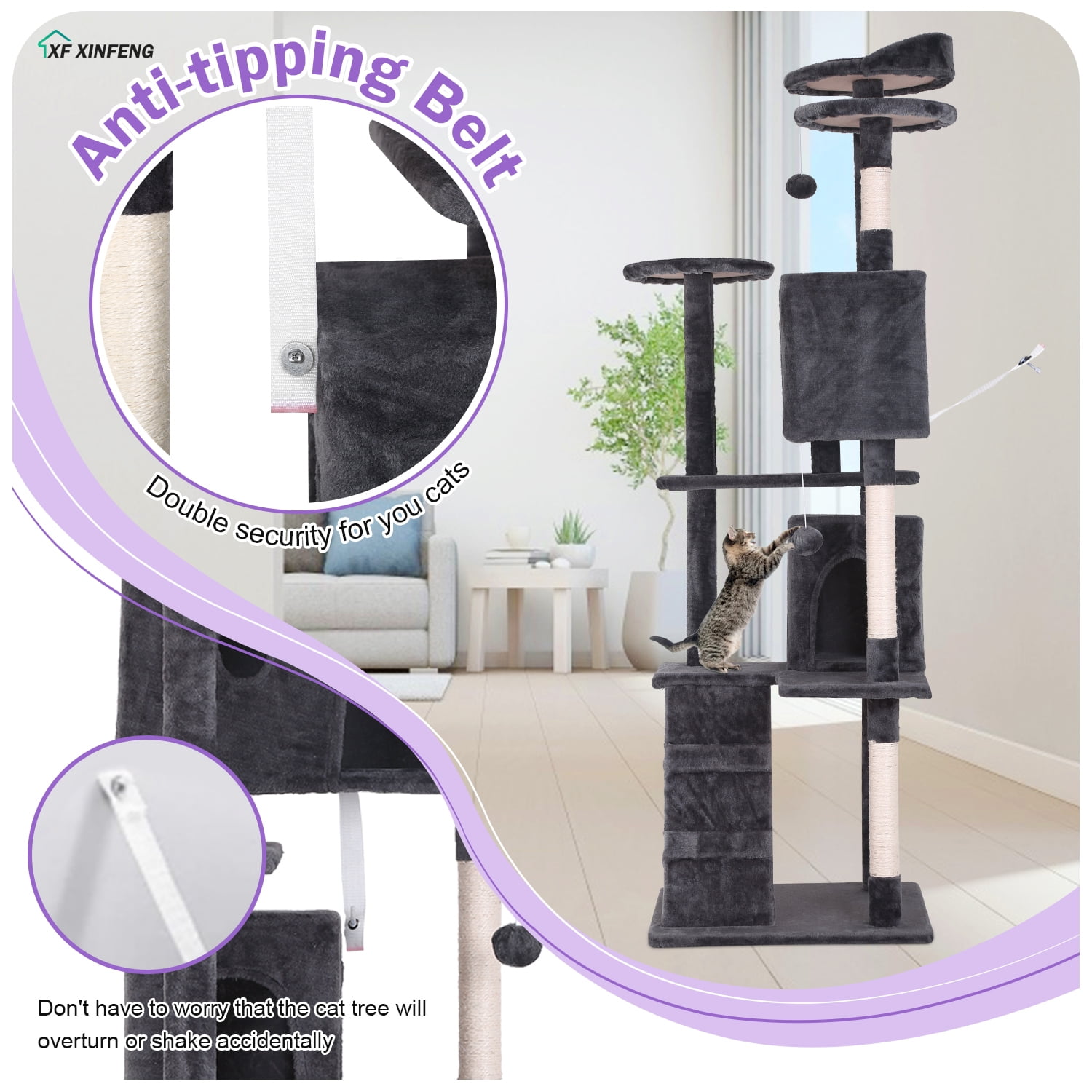 XF XINFENG 70" Cat Tree Tower Playhouse for Indoor Cats with Scratching Posts, Multi-Level Pet Cozy Condo Furniture, Ashy