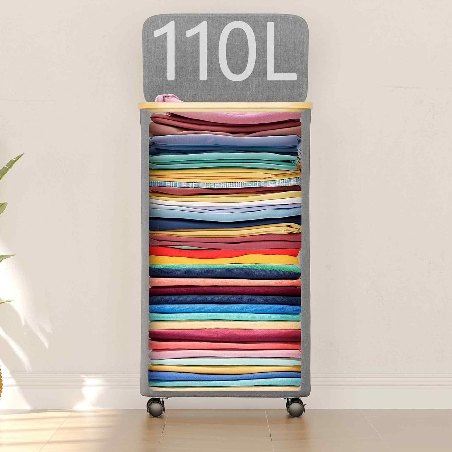 【HOSTK】100L Foldable Laundry Hamper on Wheels - Grey Clothes Basket with Lid & Bamboo Handles for Bedroom, Bathroom, Dorm