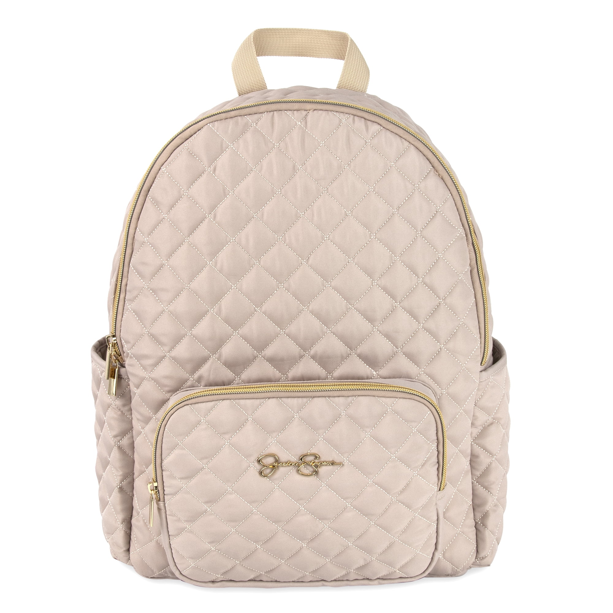 Jessica Simpson Taupe Diamond Quilted Multi-Pocket Dual Zipper Closure Fashion Diaper Bag Backpack with Running Cheetah Print Interior, Matching 3-Ply Folding Baby Changing Pad