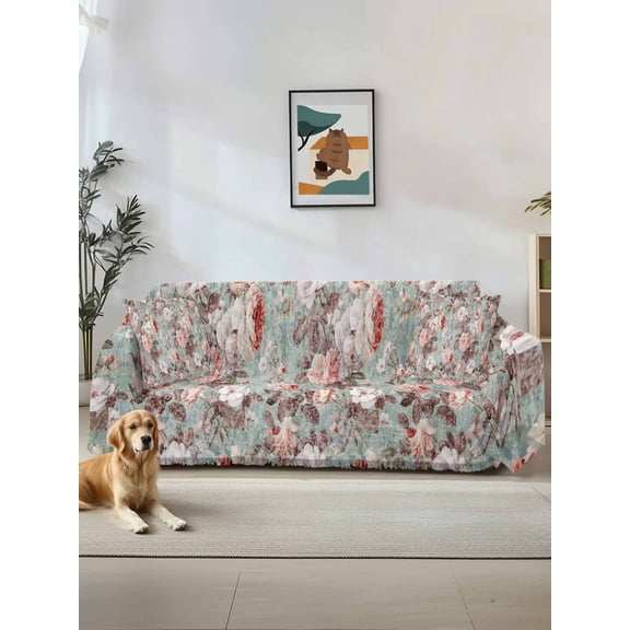 Pink Green Spring Floral Couch Cover for 2 Cushion Sofa, Vintage Botanical Summer Washable Loveseat Sofa Covers Slipcover for Sectional Sofas L-Shaped, Couch Throw Cover 71"x118"