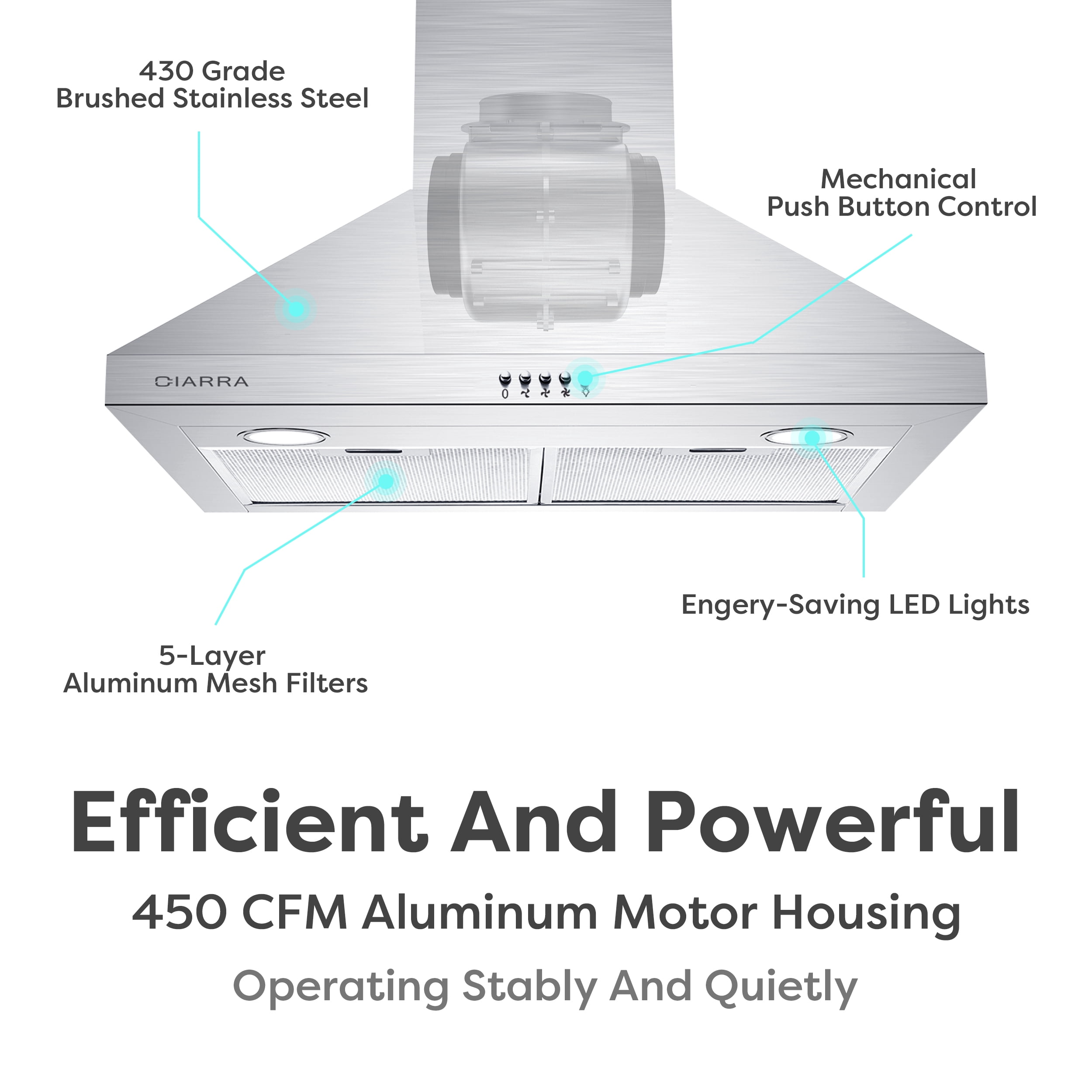 CIARRA Wall Mount Range Hood 30 inch 450CFM in Stainless Steel with Carbon Filter Kit for Recirculating CAS206P75-003