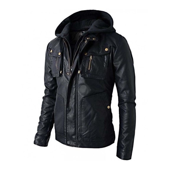 Men Hooded Genuine Leather Jacket Slim Fit Biker Jackets Motorcycle Zipper Coat