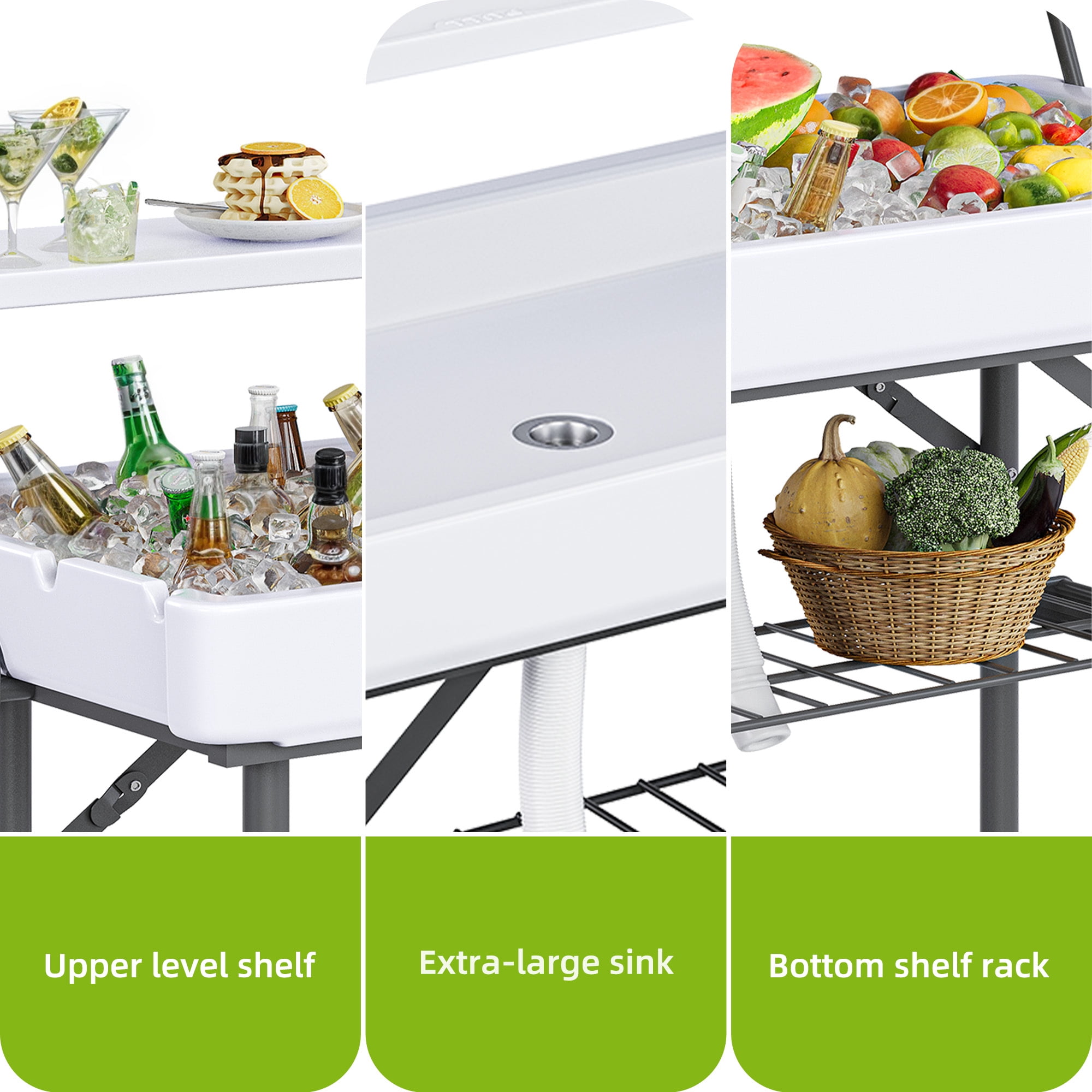 Uforic 4FT Two-Tier Folding Ice Cooler Table, Portable Party Ice Bin with Drain Hole and White Skirt, Outdoor Food Drink Station for BBQ, Camping, Wedding and Gathering