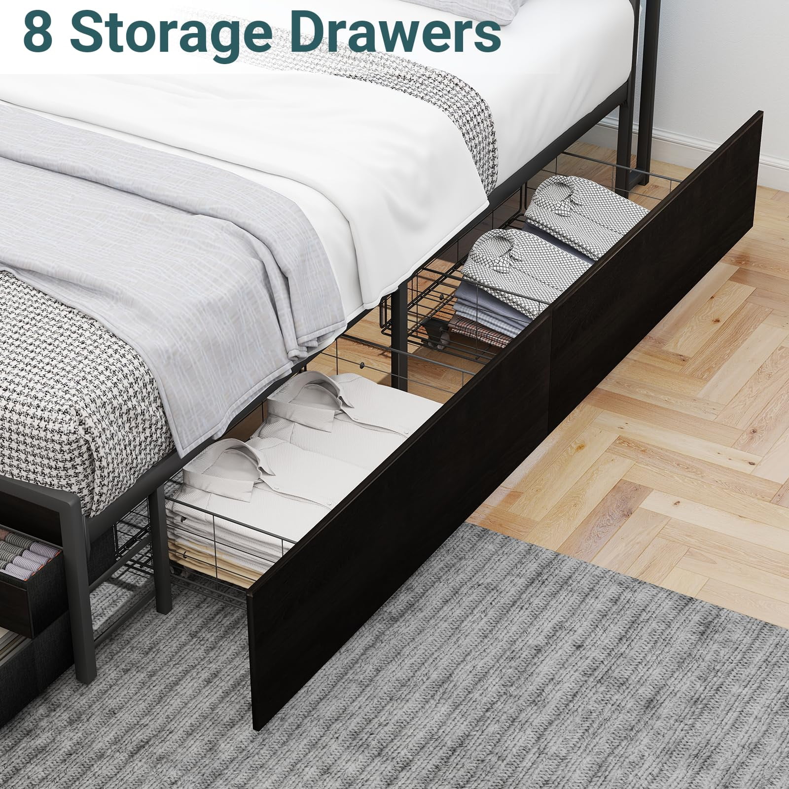 ZIVACATE Queen Bed Frames with Headboard, Queen Size Storage Bed Frame with 8 Drawers, Built-in Charging Ports & Outlets, Adjustable Atmospheric LED Lights, Queen-Size Metal Foundation Beds, Black