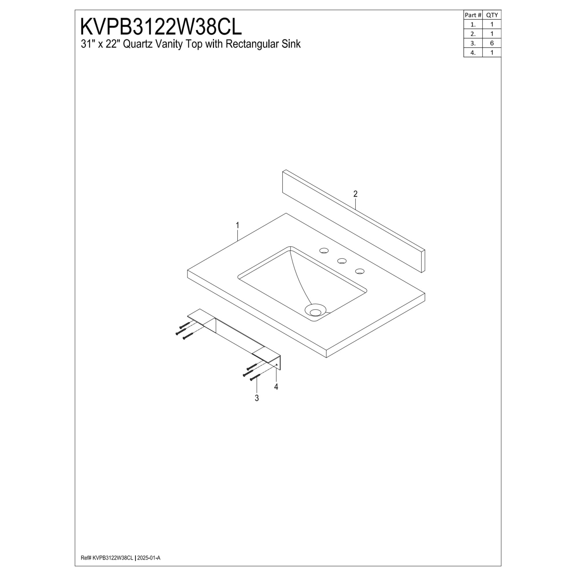Kingston Brass KVPB3122W38CL Mayorca 31-Inch Quartz Vanity Top (8" Faucet Drillings) in Quartz White