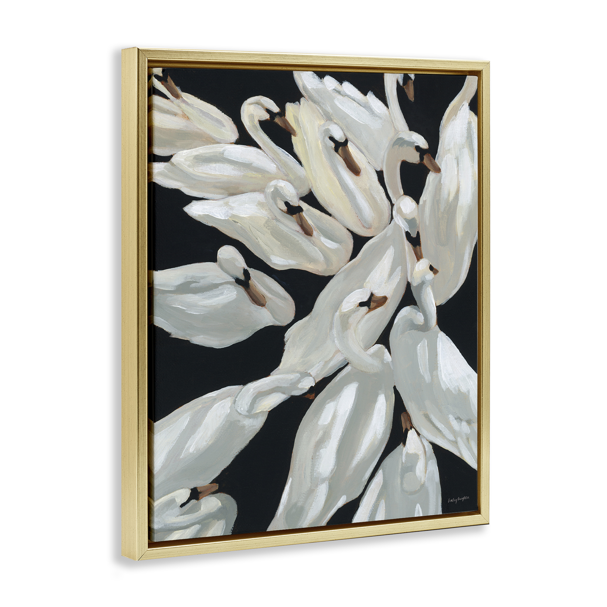 Stupell Industries Gathered Swans Swimming Animals & Insects Painting Gold Floater Framed Canvas Art Print Wall Art, 25 x 31