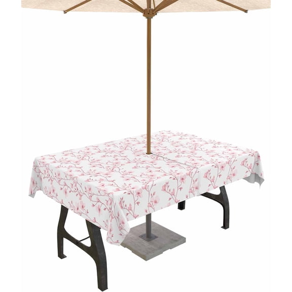 Outdoor Tablecloth with Umbrella Hole and Zipper 60 x 120 Inch Pink Flowers Branches Pattern Table Cover for Rectangular Tables Waterproof Tabletop Collection for Patio Garden Picnic Camping