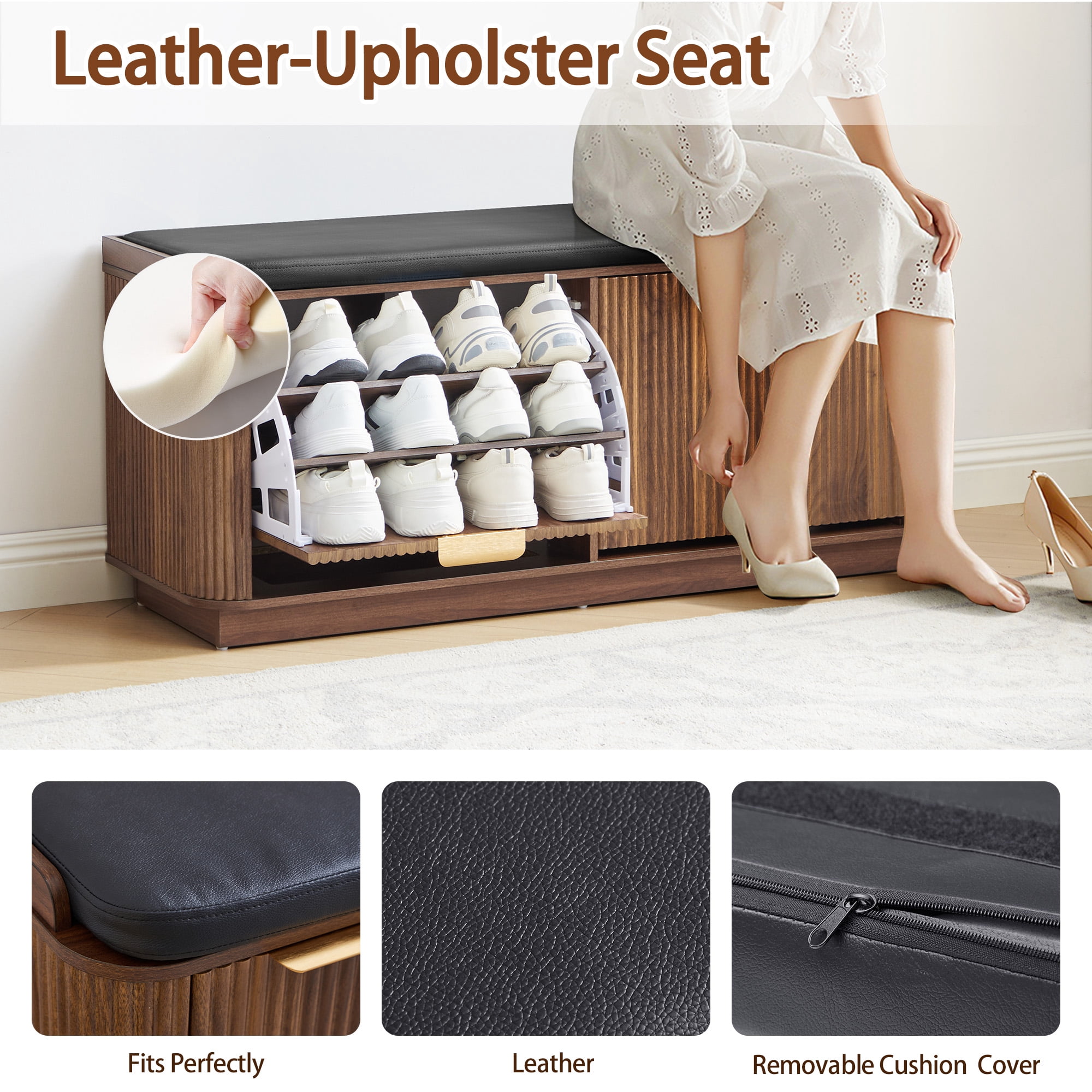 Wirrytor Fluted Shoe Storage Bench with Cushion and 2 Flip Drawers, 3-Tier Wooden Entryway Bench Shoe Organizer for Hallway Bedroom, Natural Wood