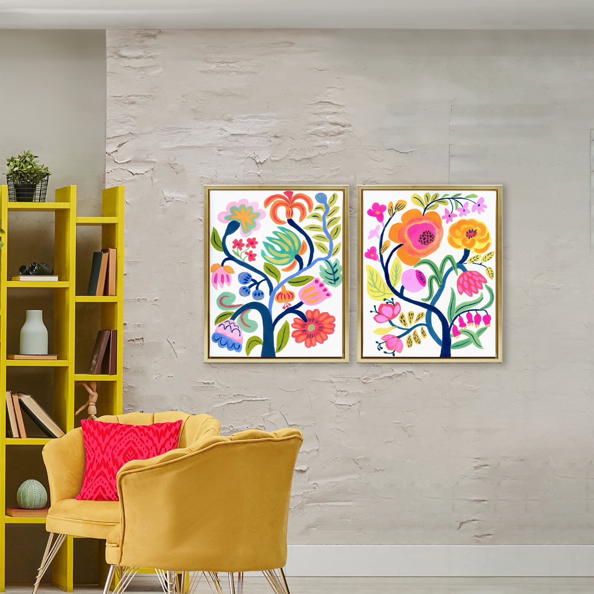 Stupell Industries Colorful Boho Blue Tree 2 Piece Gold Framed Floater Canvas Set, design by Suzanne Allard