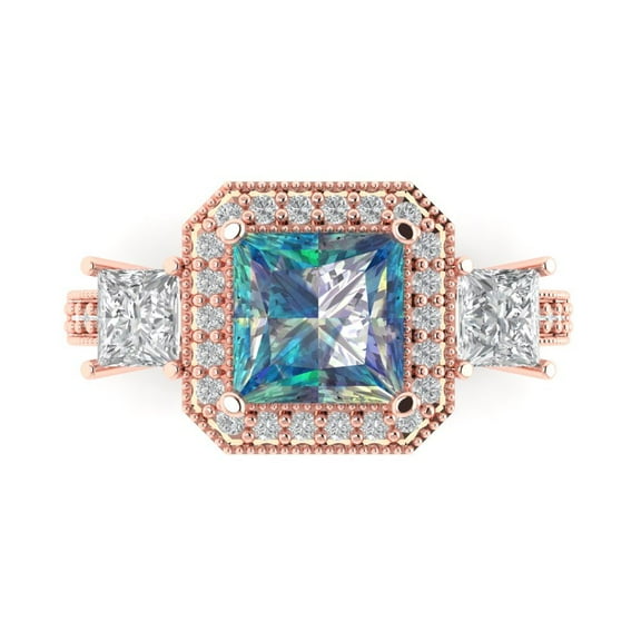 3.005 ct Princess Cut Blue Moissanite 3 Stone 14K Rose Gold Womens Engagement Ring