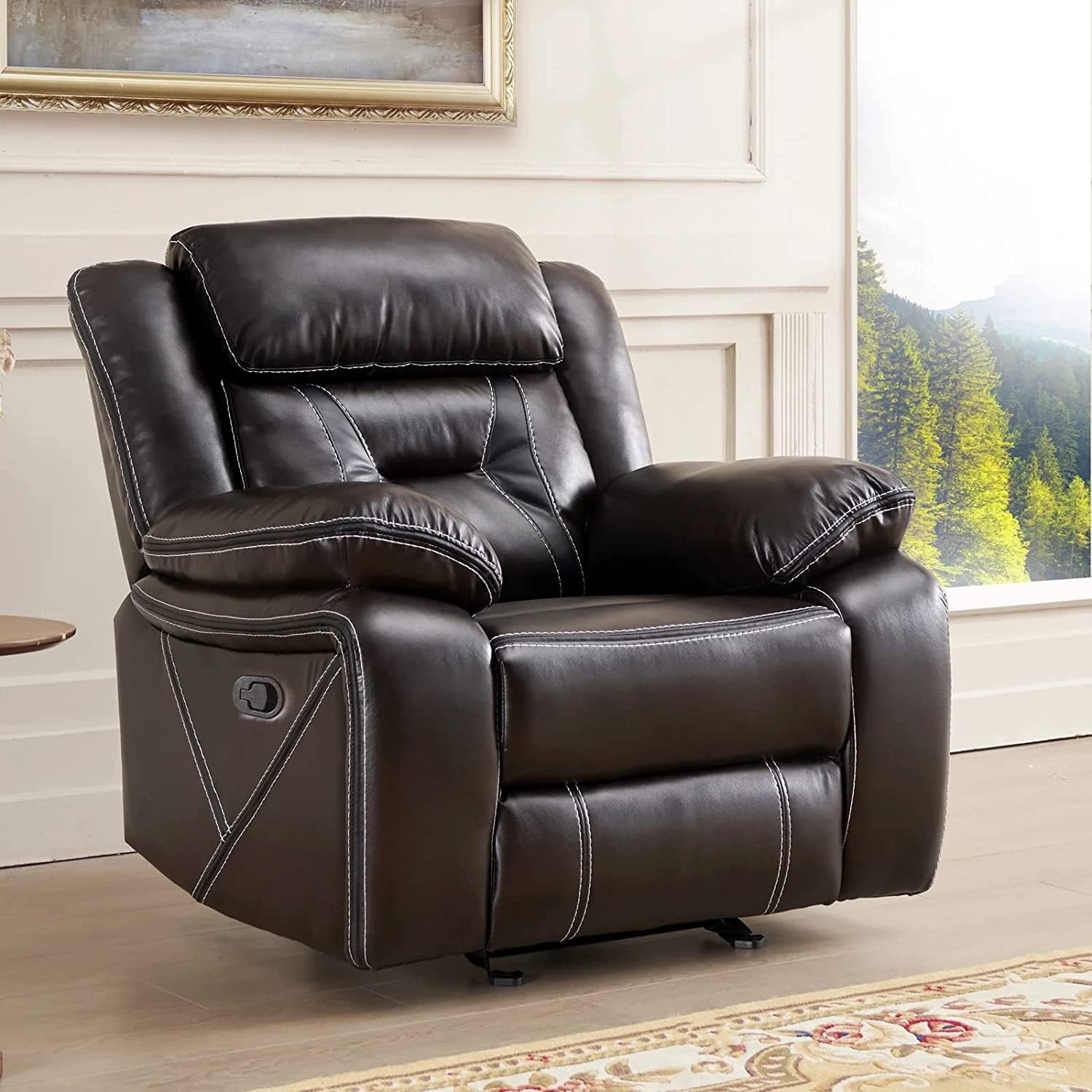 Dazone Recliner Chair with Breathable Bonded Leather, Classic Single Sofa Home Theater Seating Manual Rocker Recliner, Reclining Rocking Function for Living Room Bedroom Guest Room Study Room Brown