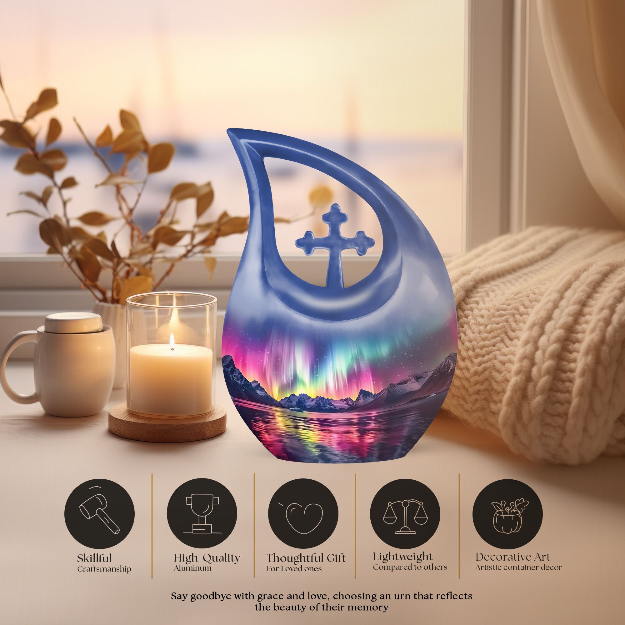 MUKTIVE Aurora Borealis Cremation Urns for Human Ashes Adult Female - Large Purple Memorial Urns for Adult Male - Northern Light Cross Drop Funeral Urn - Burial Urn for Human Ashes - 10 Inch