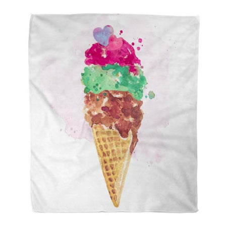 ASHLEIGH Throw Blanket Warm Cozy Print Flannel Watercolor Ice Cream on Raspberry Pistachio and Chocolate Flavor in Rustic Comfortable Soft for Bed Sofa and Couch 50x60