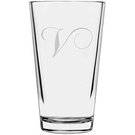 

Chopin Script Etched Monogram All Purpose 16oz Libbey Pint Glass Letter V
