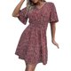 thumbnail image 1 of Vestido estampado cintura adelgazante cuello en V manga acampanada dobladillo casual vestido de una pieza para dama, 1 of 6