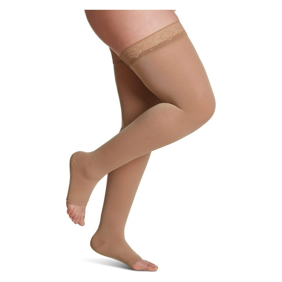 Sigvaris Style 841 Soft Opaque 15-20 Open Toe Thigh High Compression Stockings w/Grip Top Nude SS Short