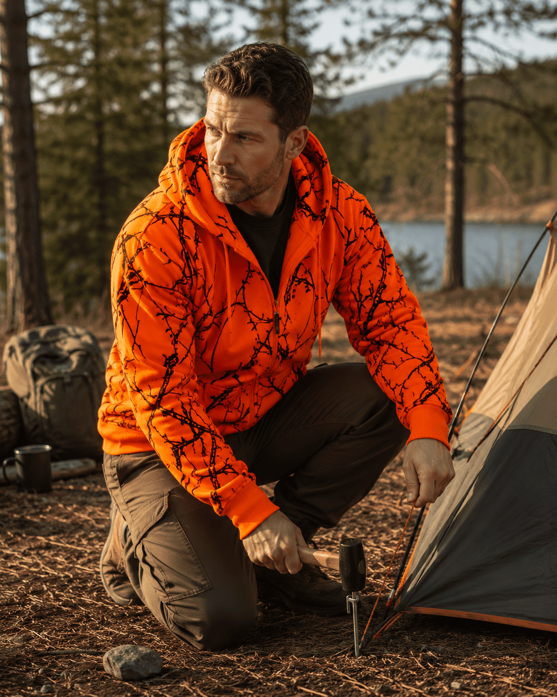 Orange Safety Full Zip High Visibility Thick Fleece Hooded Sweatshirt Hunting Jacket, 3X, Orange Camo