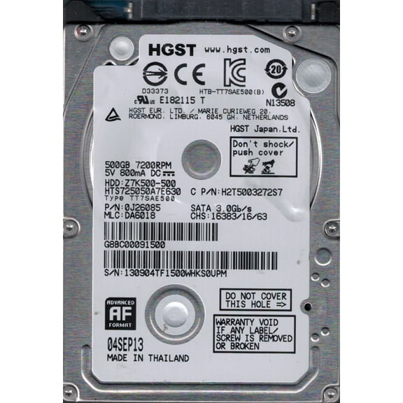 HTS725050A7E630 MLC: DA6018 P/N: 0J26085 500GB Thailand HGST