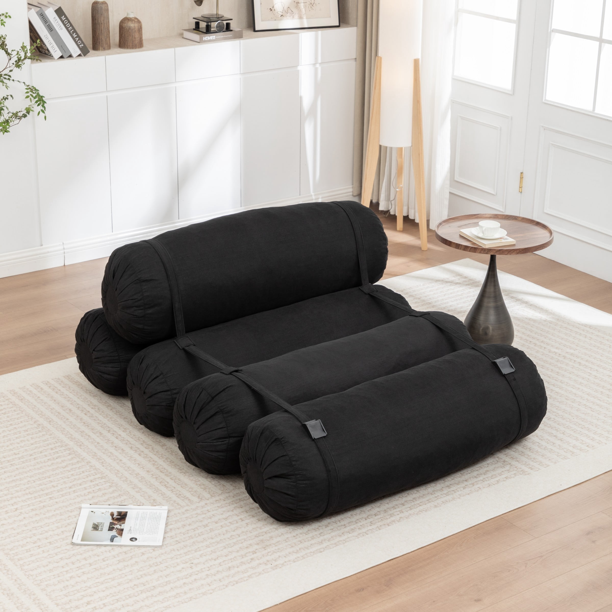 Adjustable Floor Sofa, Corduroy Lazy Sofa Chair with Adjustable Straps, Modular Floor Couch for Living Room Bedroom Dorm, Black