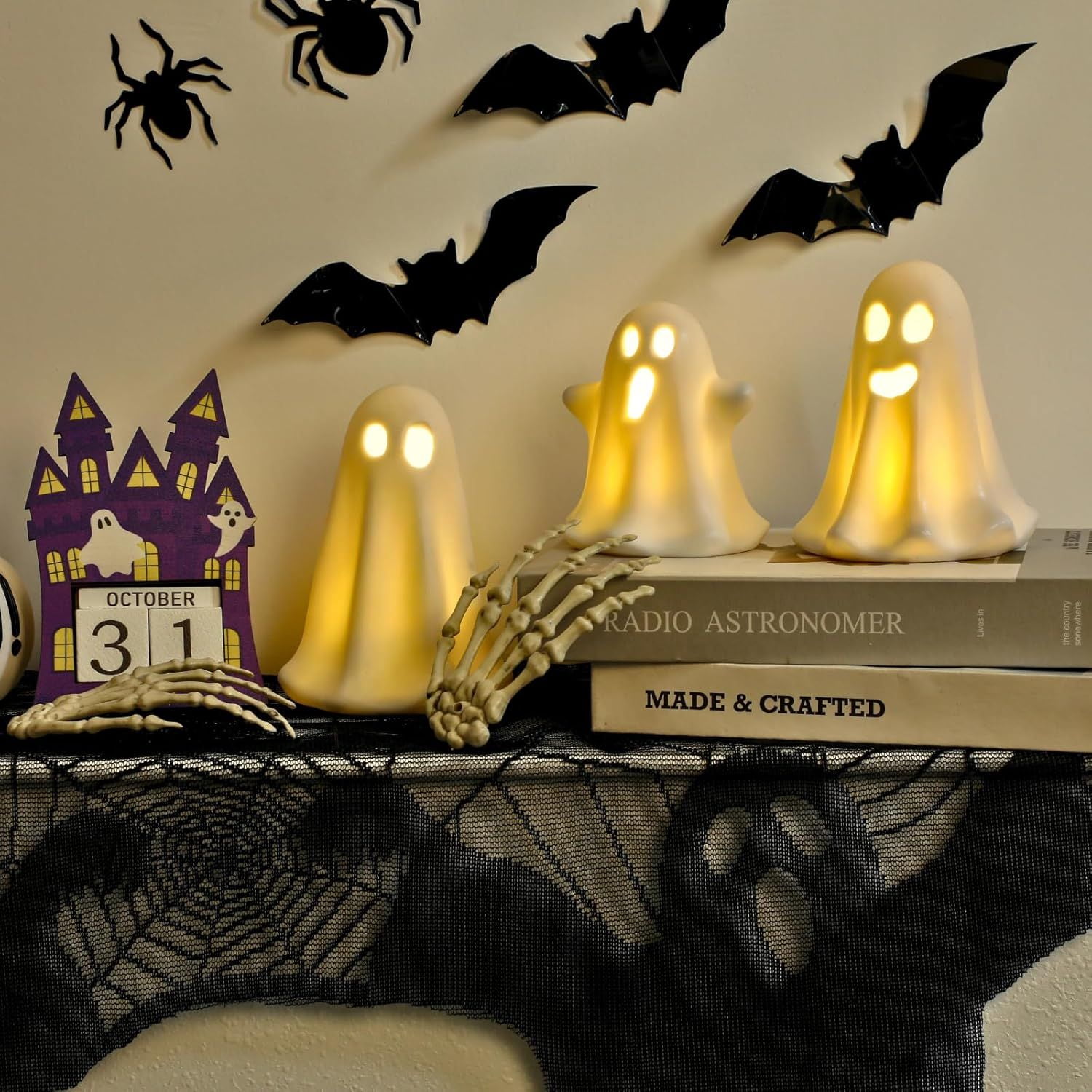 3 Pack Light Up Ceramic Ghost Figurines with Warm Glow for Halloween Decor