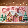 thumbnail image 5 of Pink Theme Christmas Banner Gingerbread House Design Holiday Banner Candy Cane Pattern Snowy Roof Xmas Banner for Christmas Party Indoor Decoration Family Gathering, 5 of 9