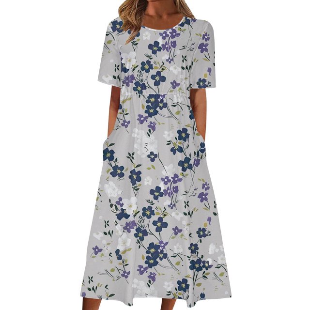 Vestido de Manga Corta para Mujeres Casual Sexy Cuello Redondo Impresión Cintura Elástica con Bolsillos, Vestido de Verano