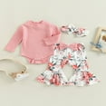 thumbnail image 2 of Combinaisons Bébé Filles Ensemble Côtelé Demi Col Roulé Manches Longues Romper et Pantalon Évasé Imprimé Floral Décontracté Bandeau, 2 of 9