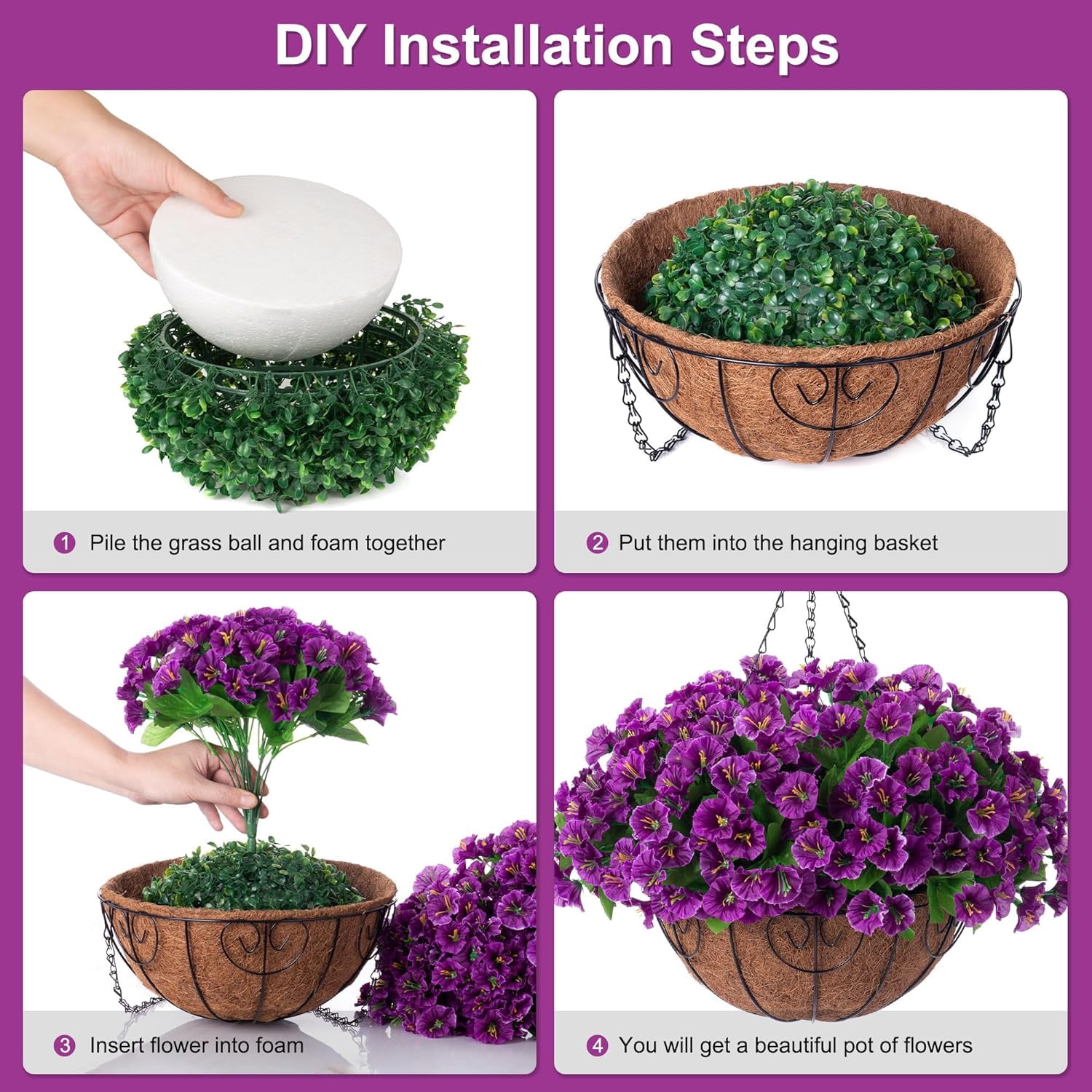 Artificial Hanging Flowers in Basket, Artificial Petunias Arrangement, inch Coconut Lining Basket with Morning Glories Fake Plants for Patio Garden Porch Deck Spring Decoration(Fuchsia)