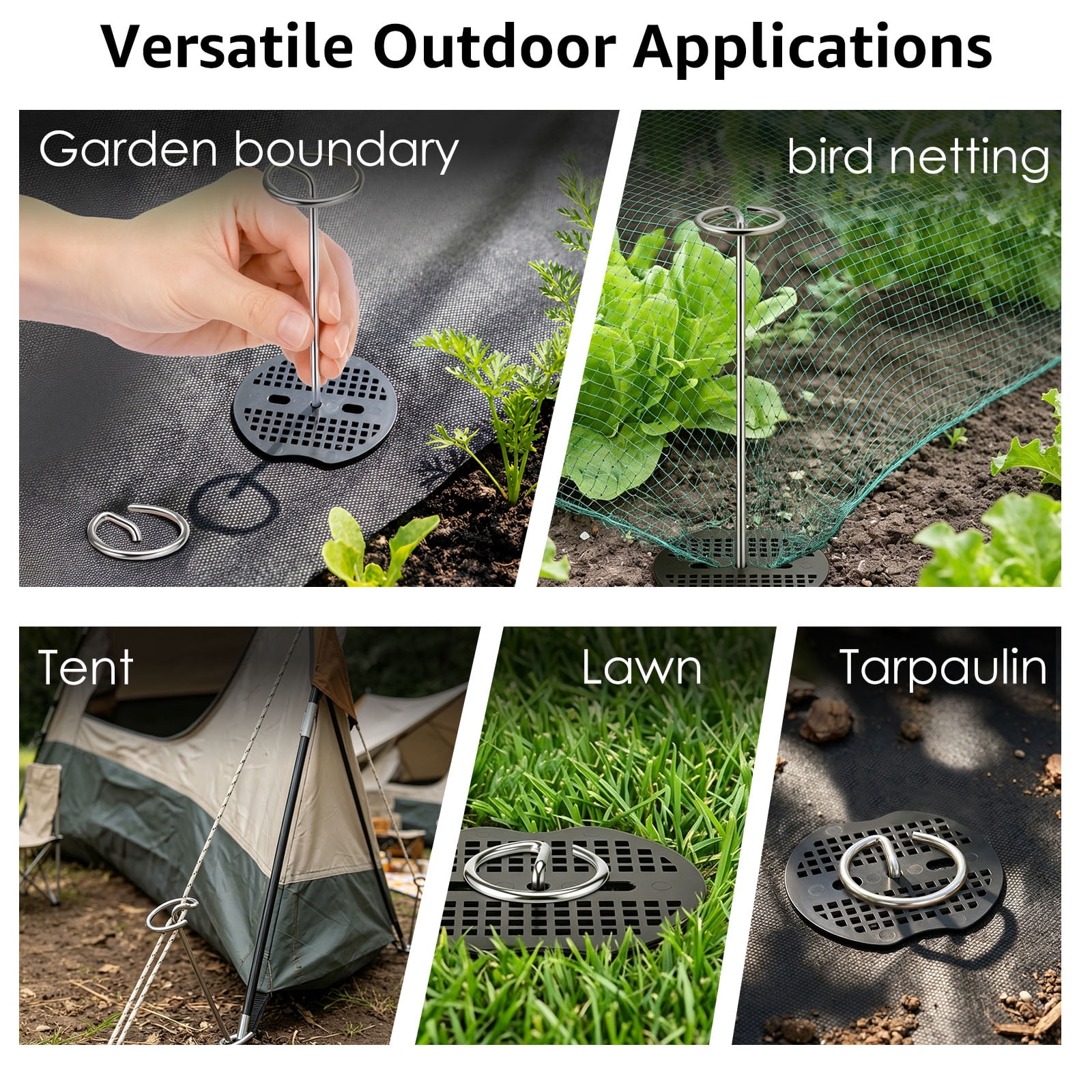 Austok 60PCS Circle Top Garden Stake Set 6"/8" G Shape Landscape Staple with 30 Washer and Puller Heavy Duty Ground Peg for Weed Barrier Tent and Landscaping