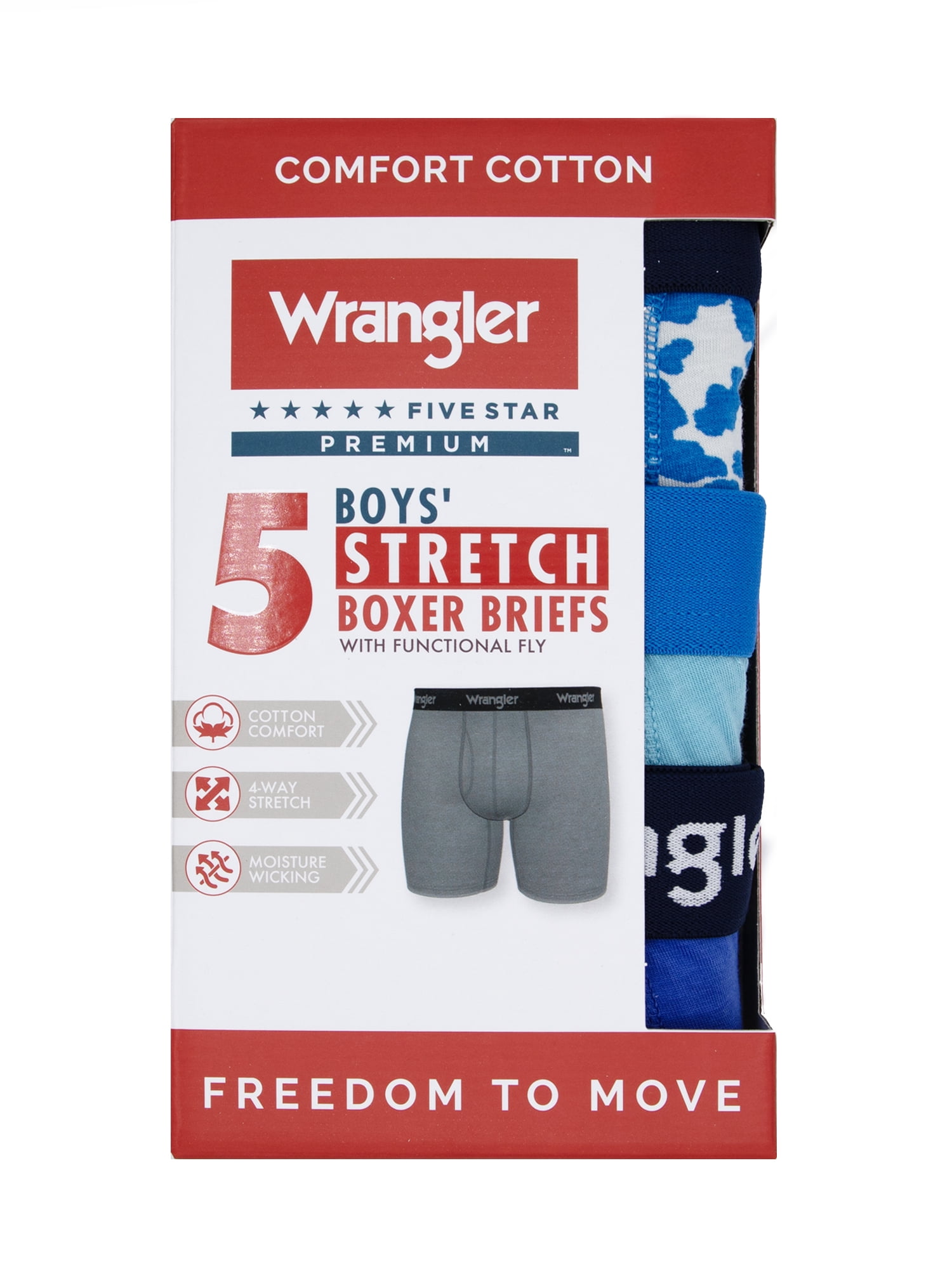 Wrangler Boys' Cotton Boxer Briefs, Soft Boys Underwear w/ 4-Way Stretch, Medium, 5-Pack