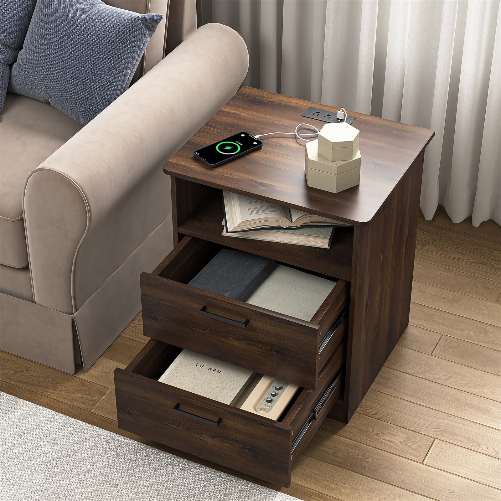 Hommoo 2 Drawer Nightstand with Open Storage, Bedside Table with USB, Brown
