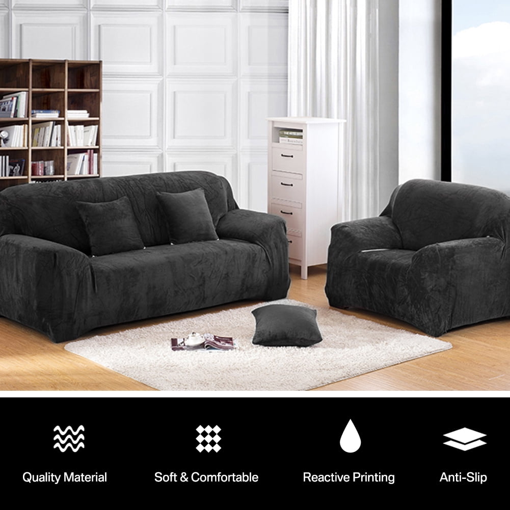 Thick Velvet Sofa Covers 1/2/3/4 Seater Pure Color Sofa Protector Stretch Non Slip Couch Cover Easy Fit Elastic Fabric Stretch Couch Slipcover(Black, 1-Seater Sofa)