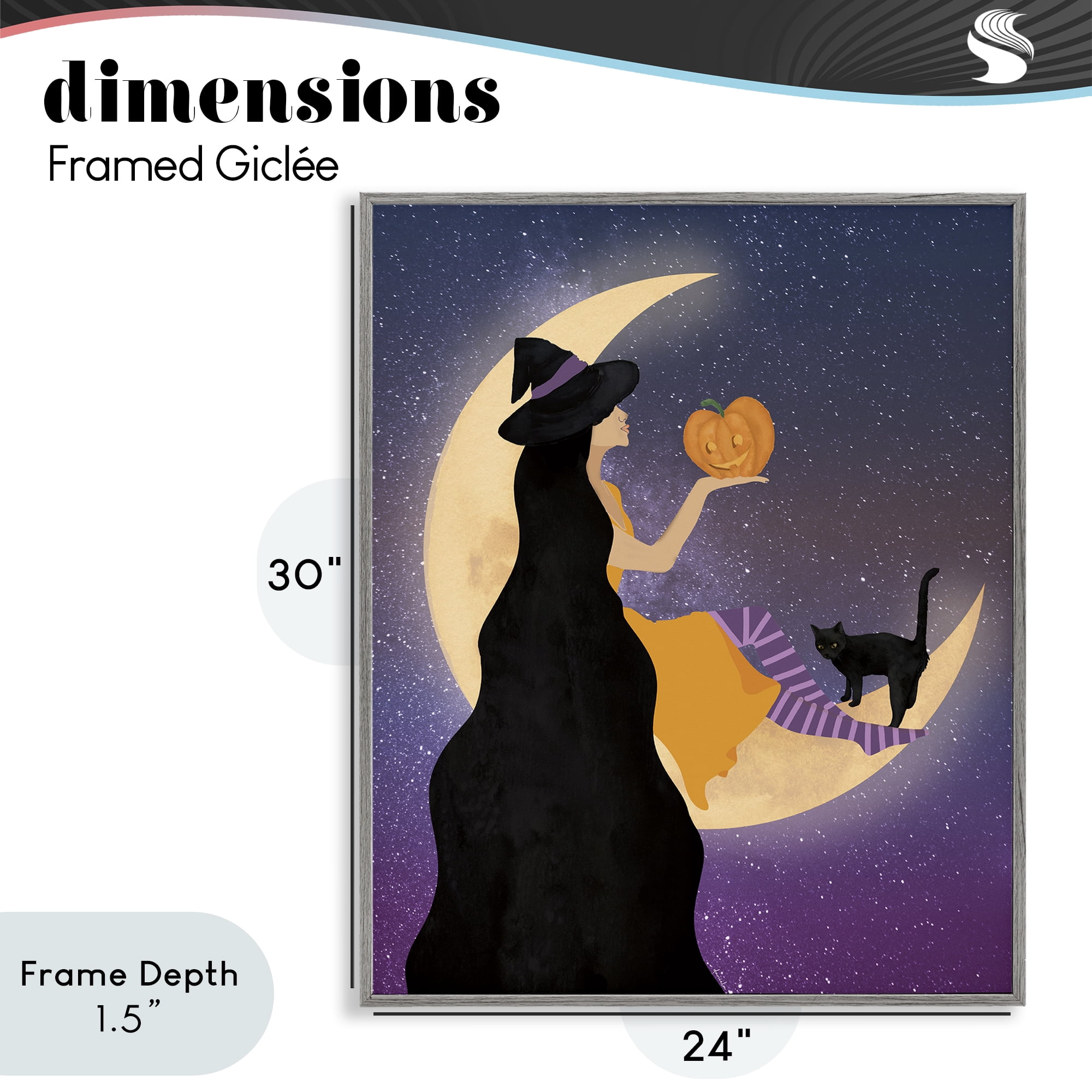 Stupell Industries Moonlit Witch Holding Jack-o-Lantern Gray Framed Giclee Art, design by Daniela Santiago