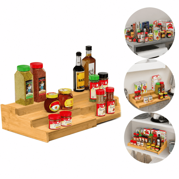 3-Tier Expandable Bamboo Spice Rack, Spice Rack Organizer for Cabinet, Seasoning & Spice Organizer Storage for Kitchen, Pantry and Cupboar