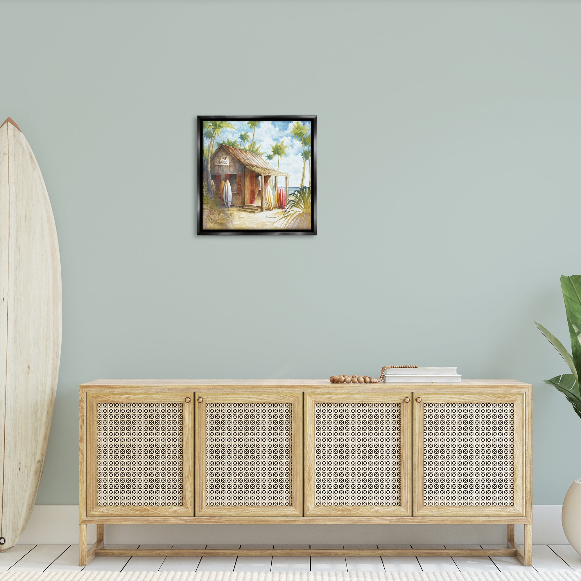Stupell Industries Summer Surf Shack Landscape Painting Black Floater Framed Canvas Art Print Wall Art, 25 x 25