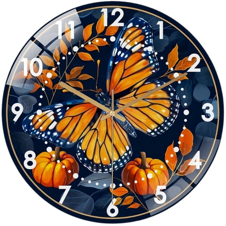 Round Decorative Clock: Fall Butterfly Pumpkin Glass Wall Clock,Butterfly Decor Wall Clock for photo Round Decorative Clock: Fall Butterfly Pumpkin Glass Wall Clock,Butterfly Decor Wall Clock for image