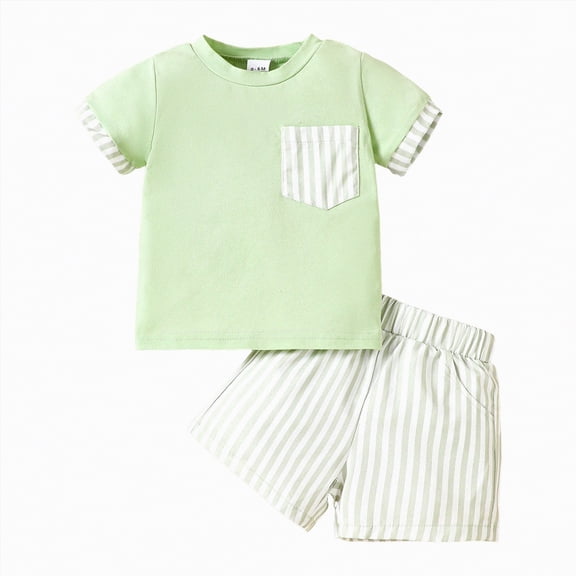 Toddler Boy Outfits Baby Clothes Kids Unisex Summer Cotton Striped Print Short Sleeved Beach 6 12 18 24Months 2T 3T T-Shirt and Shorts Set T-shirt with Elastic Waist Outfit 2-Piece
