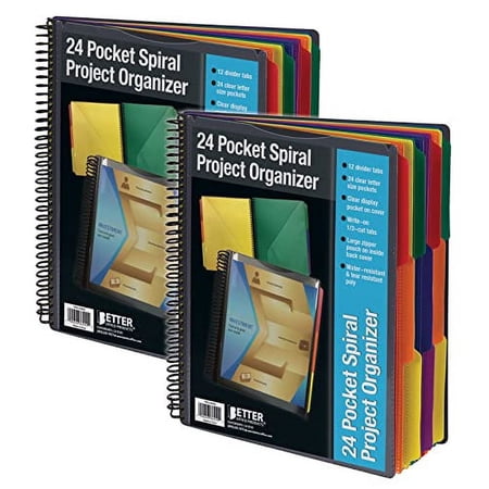 24 Pocket Poly Spiral Project Organizer (2pack), Heavy Duty, with Utility Pouch, 1/3 Cut Tabs, 12 Tab Color Dividers, Clear View Front Cover, Letter Size, Project Folder, by Better Office Products