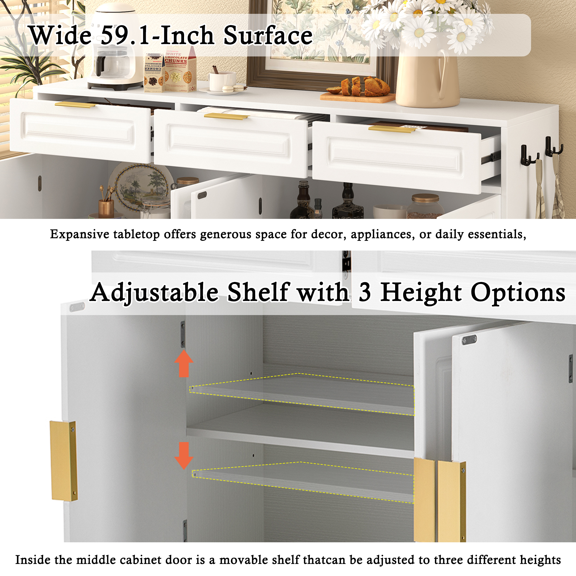 Aukfa 59.1" Sideboard Buffet Cabinet,Large Storage Cabinet with 3 Drawers & Adjustable Shelf,White
