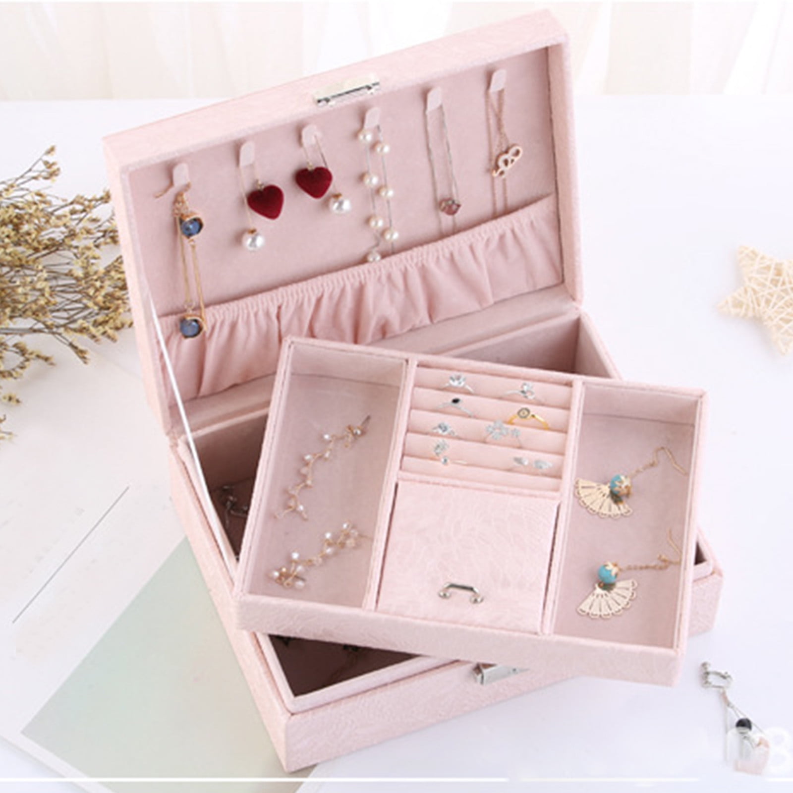 Jubipavy Jewelry Box With Lock Jewelry Organizer Storage Case With 2-Layers Display For Earrings Bracelets Rings Watches