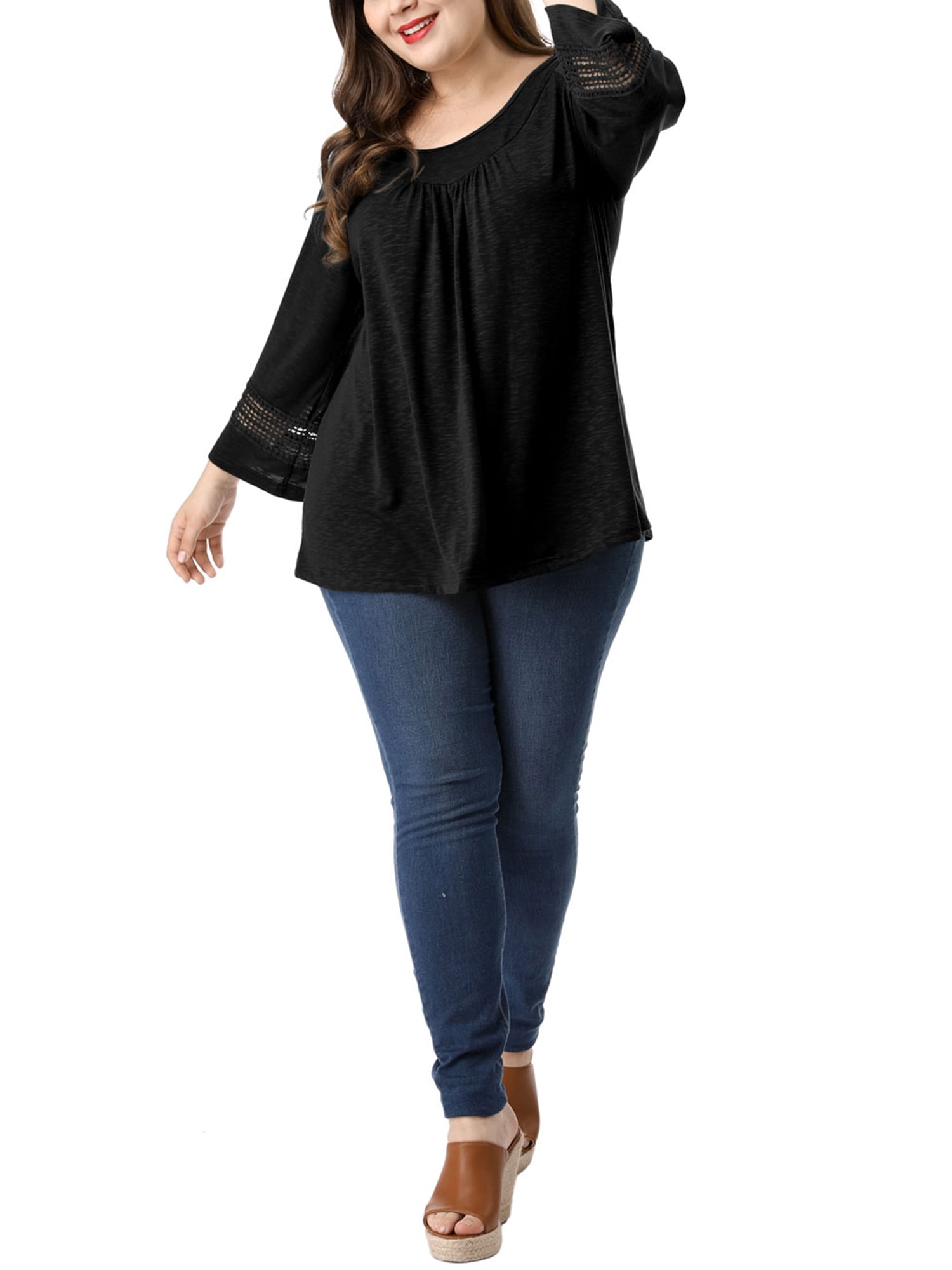 Unique Bargains Juniors' Plus Size Crochet Panel Kimono Raglan Sleeves Ruched Front Top Black 4X