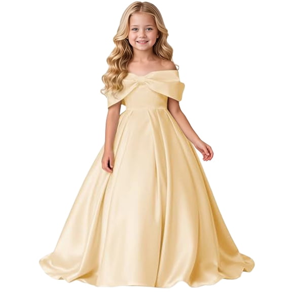 EnJoCho Girls Formal Dress Off Shoulder Satin Big Bow A Line Floor Length Gown For Little Girls Wedding Flower Girl Birthday Party Evening Wear
