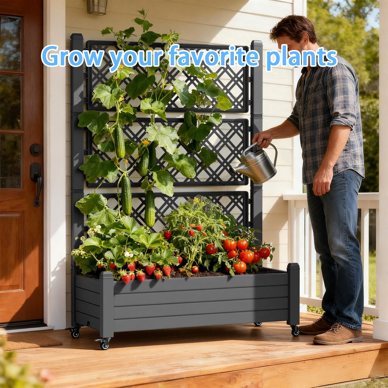 Joxxoaa Raised Garden Bed with Trellis, Large Outdoor Planter Trellis Box with Drainage Holes and Wheels for Climbing Plants.(Black）